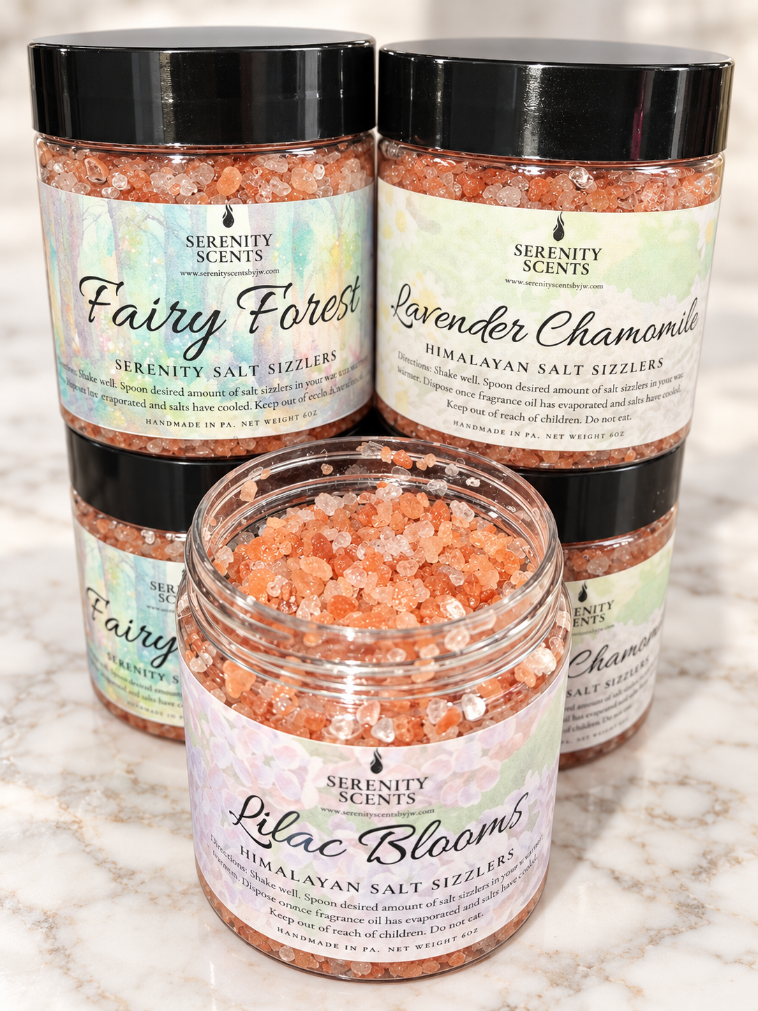 Serenity Sizzlers. Pink Himalayan Scented Crystals for Wax Warmer. Net Weight 5oz.